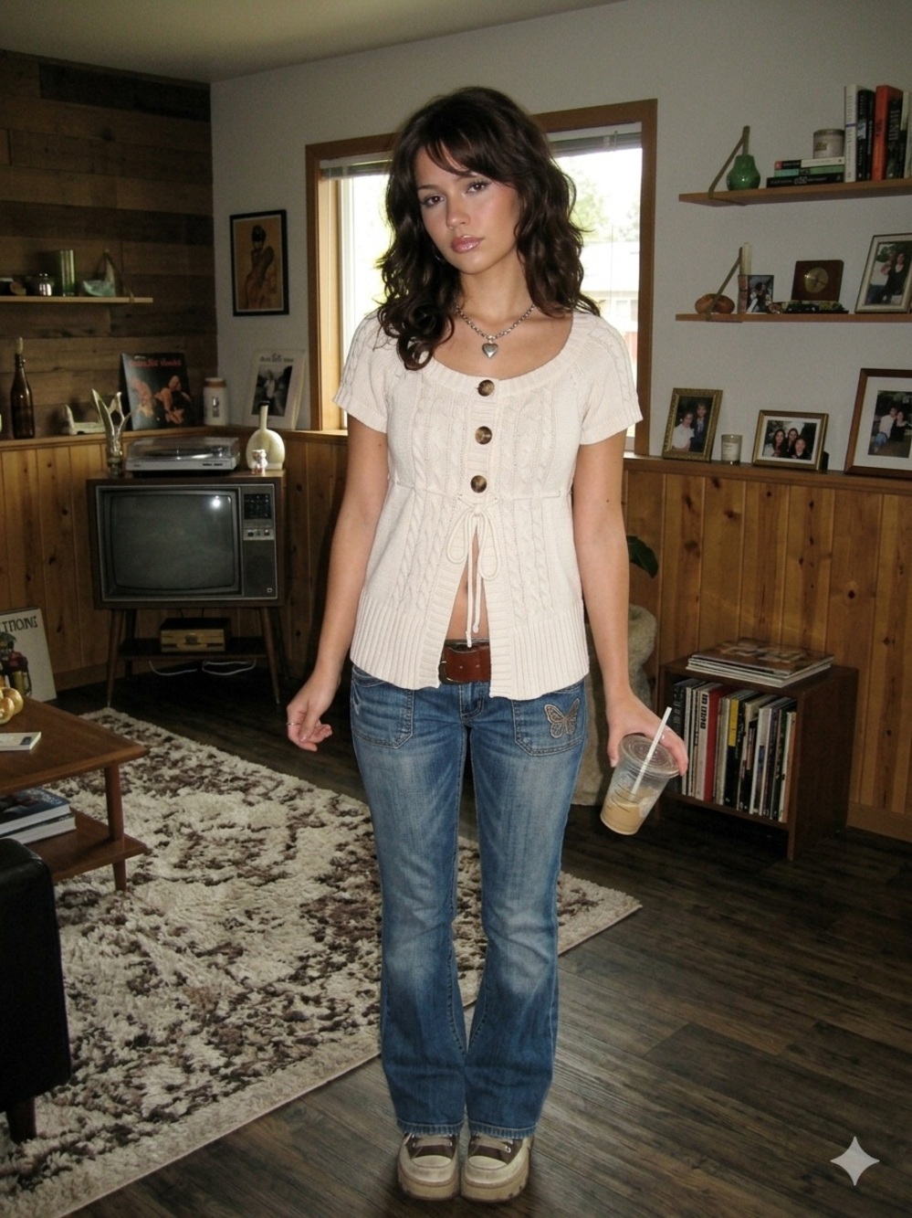 Y2K Aeropostale Button Tie Babydoll Short Sleeve Cream Cardigan Sweater Large